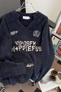 1506/MX0551/P54美式复古徽章印花V领球服运动风针织衫毛衣1图片