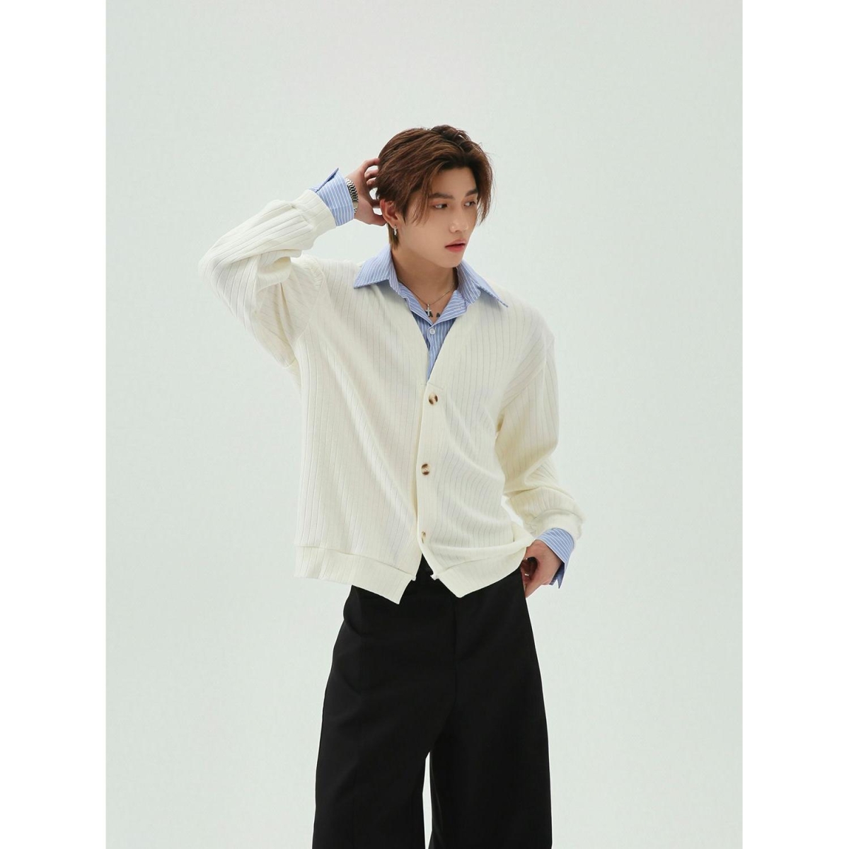 1506/QC5630/P72假两件针织衫男潮流衬衫拼接开衫外套男2，男装针织衫/毛衣，星座1506-1