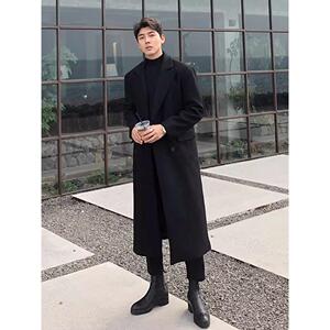 1506/FW171/94毛呢大衣男过膝秋冬风衣韩版英伦风高级感长款1,船坞蓝大衣怎么搭配图片