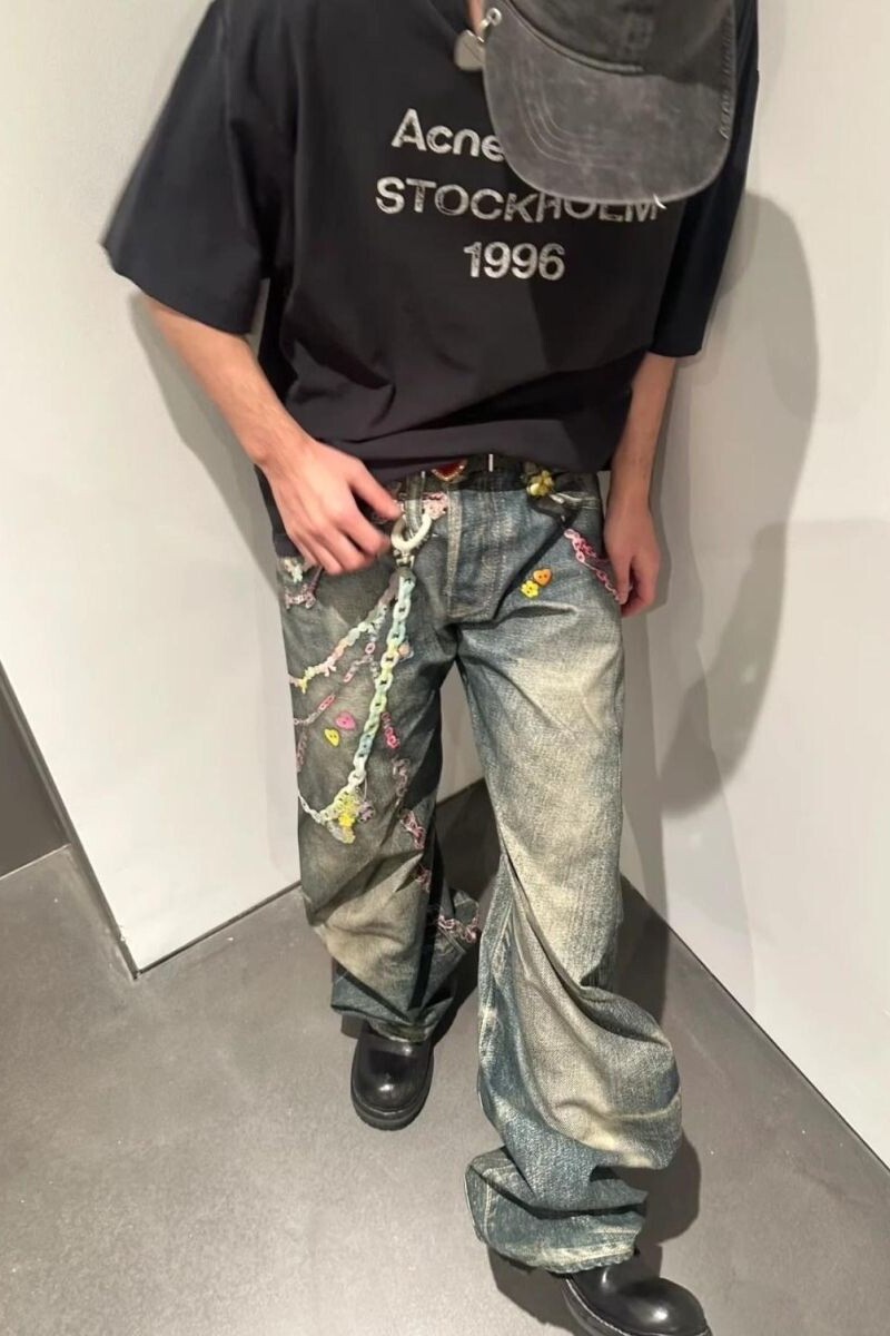 1506-1/KN071/P66打印街头牛仔裤男女同款做旧长裤短裤,男装牛仔裤,星座1506-1