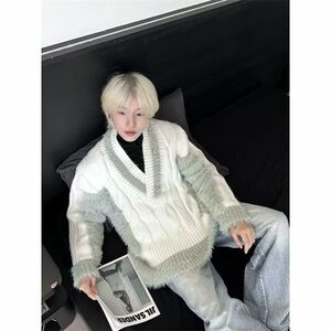 1506/MX0491/P62小众美式v领毛衣男款秋冬毛衫宽松针织衫1图片