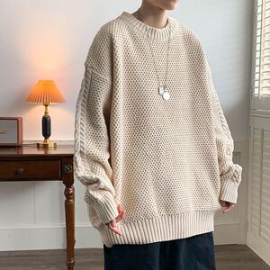 1506/MMY6171/P47美式复古情侣华夫格毛衣纯色宽松针织衫3图片