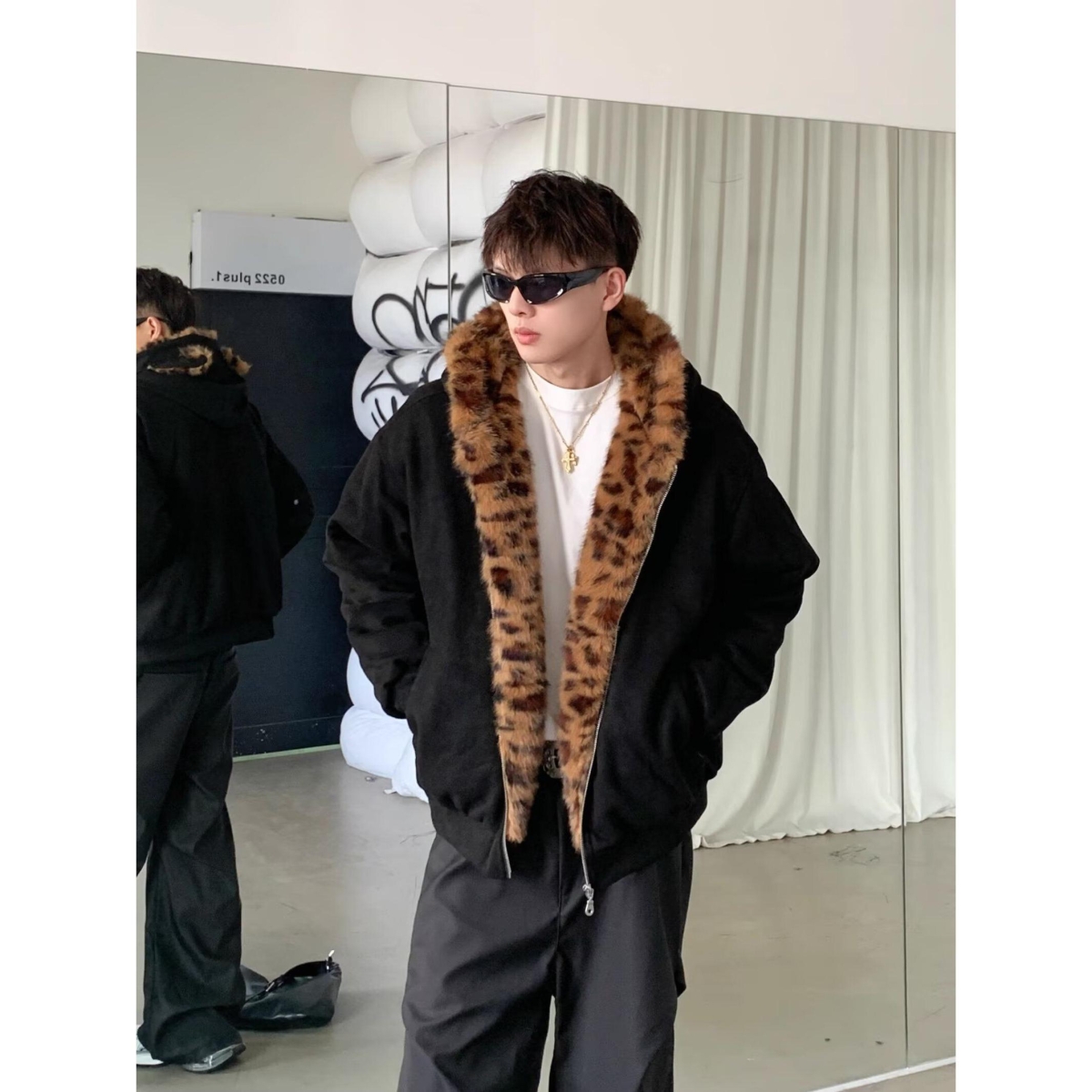 1506-1/Q86221/P95外套男潮牌潮流宽松棉衣猫耳朵豹纹棉服，男装棉衣，星座1506-1