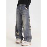 1506-1/KG111/P46美式复古vibe破洞不规则水洗弯刀牛仔裤，男装牛仔裤，星座1506-1