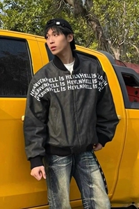 1506-1/JAA301/P64美式潮牌字母满印PU皮棒球服夹克男图片