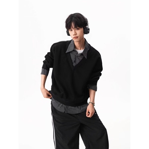 1506-1/WE031/P56春秋美式潮牌假两件衬衫领卫衣男图片
