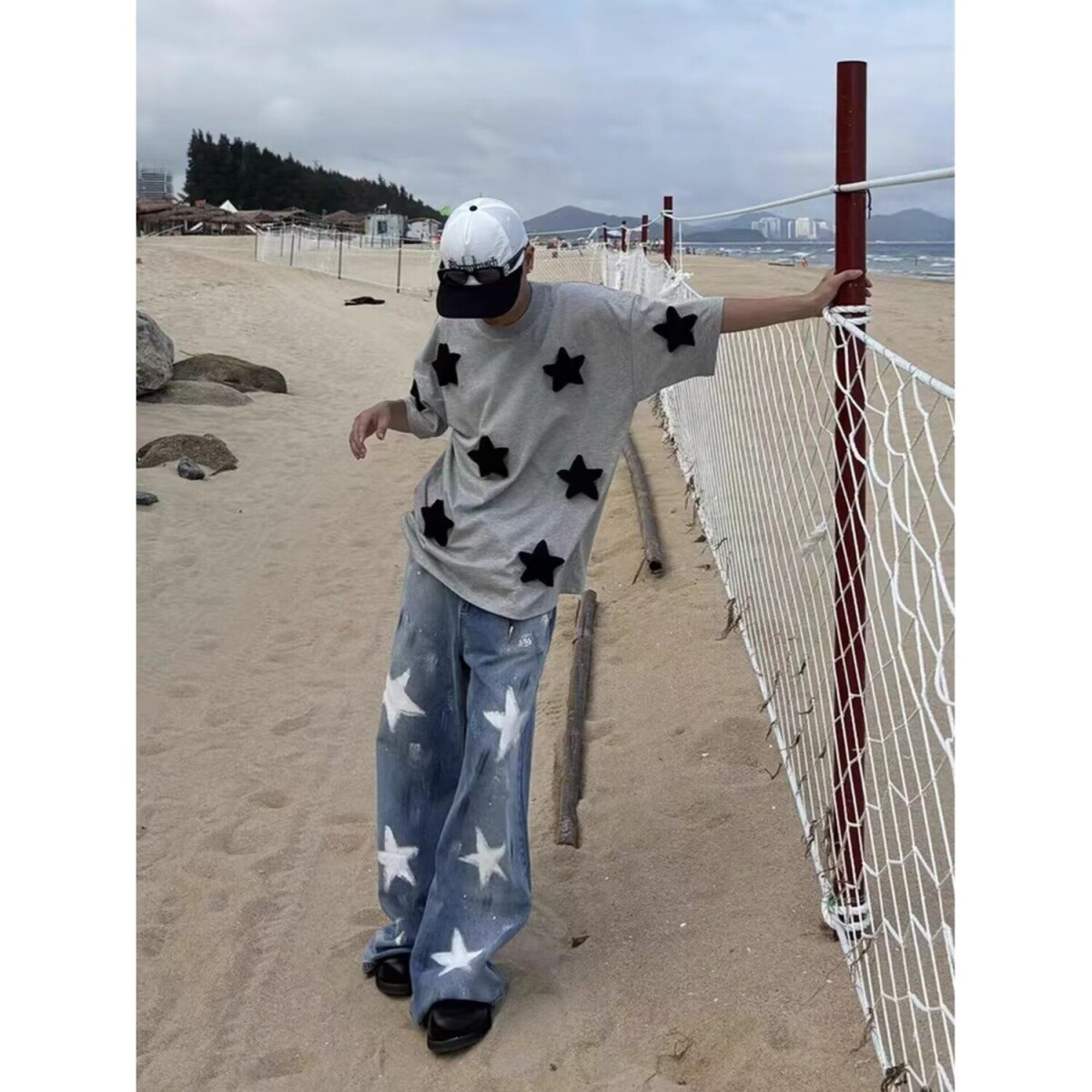 1506-1/TB9191/P51满身立体五角星塞棉宽松短袖T恤情侣款嘻哈，男装T恤，星座1506-1