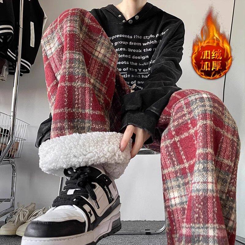 1506/KGK19羊羔1/P47加绒格子直筒休闲长裤子秋冬毛呢裤1图片