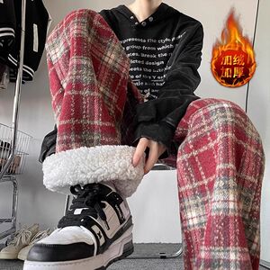 1506/KGK19羊羔1/P47加绒格子直筒休闲长裤子秋冬毛呢裤1图片