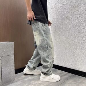 1506-1/KK8801/P54夏季新款拼接直筒宽松牛仔裤男图片