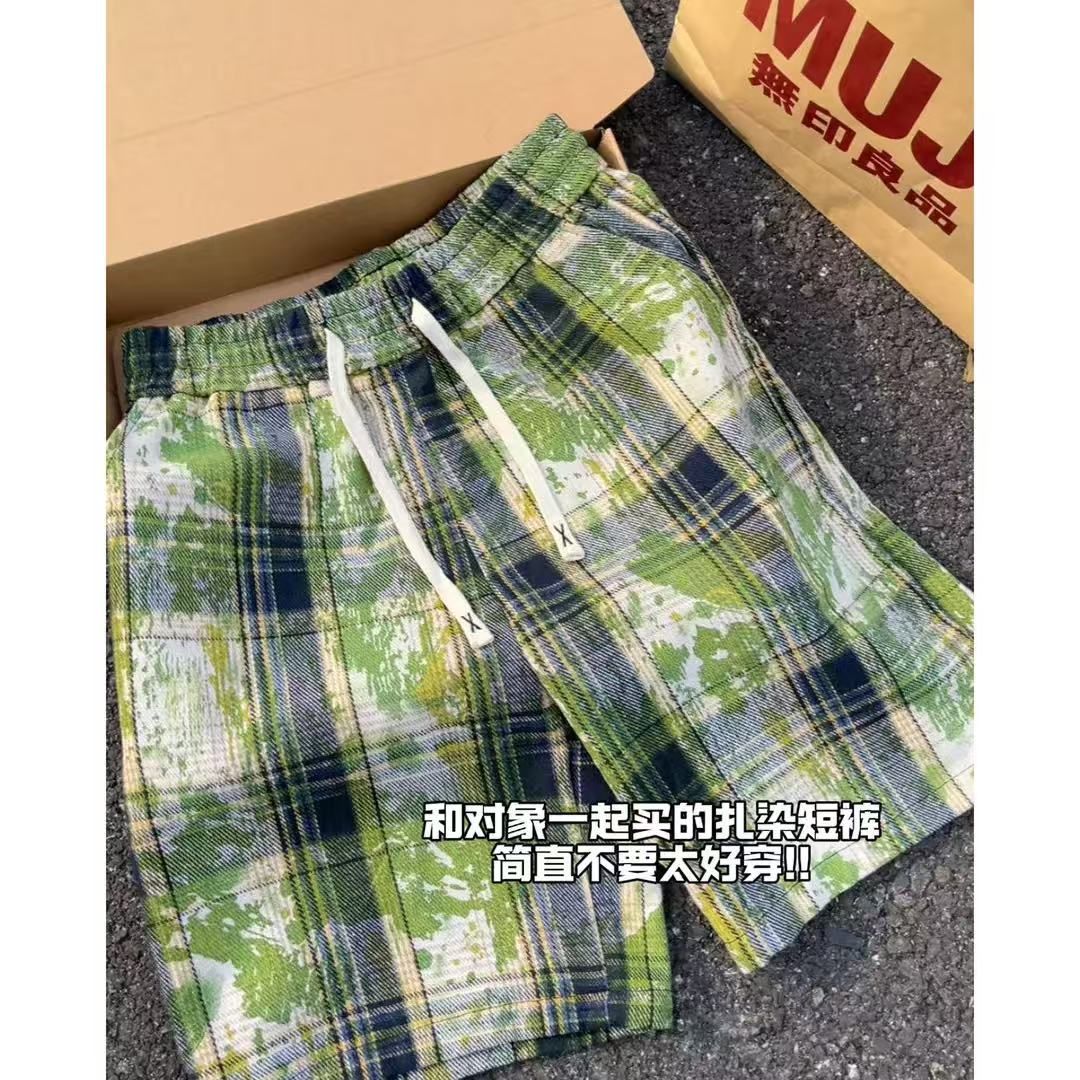 磨毛格子拼接运动短裤男夏季潮牌设计感薄款透气宽松休闲五分裤子,男装牛仔裤,星座1506-1
