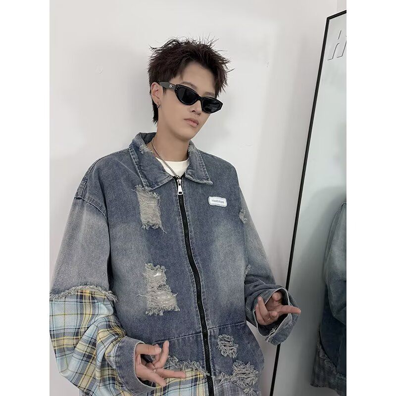 1506-1/J25821/P74复古格子拼接做旧水洗破洞毛边牛仔外套男，男装工装外套，星座1506-1