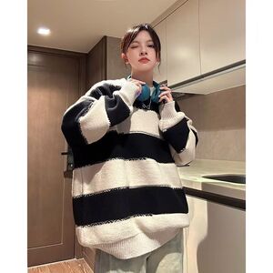 1506/QM1200/P49撞色条纹毛衣男生情侣秋冬季宽松套头针织衫套3