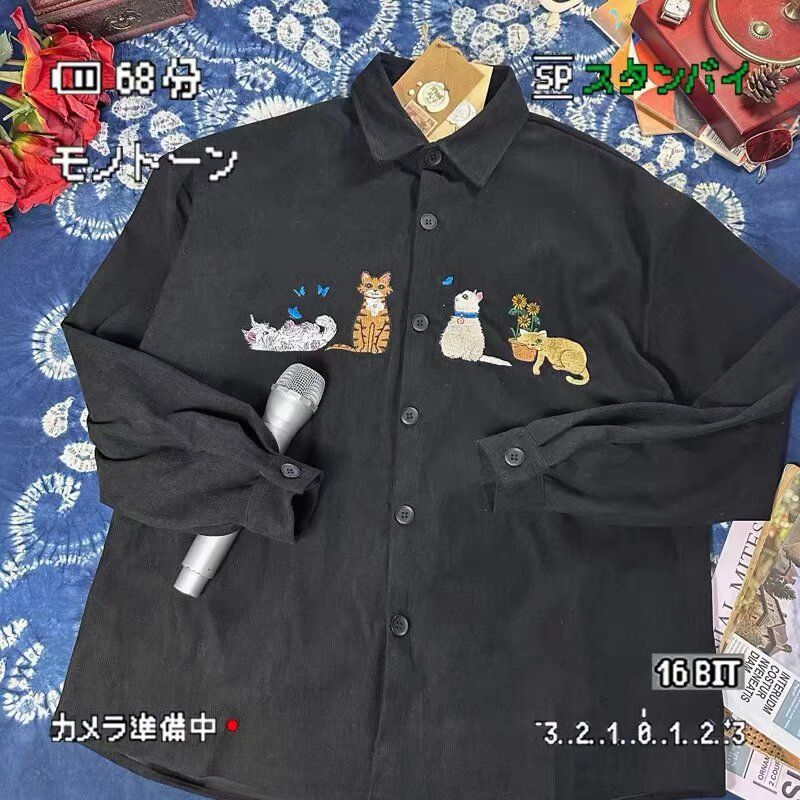1506-1/CCS3811/P42美式复古灯芯绒猫咪刺绣长袖衬衫，男装衬衫，星座1506-1
