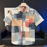 1506-1/C224781/P42夏季日系复古个性拼接撞色短袖衬衫男，商品下架区，星座1506-1