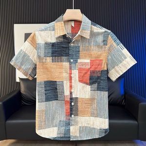 1506-1/C224781/P42夏季日系复古个性拼接撞色短袖衬衫男图片
