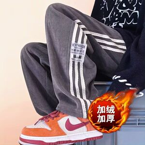 1506/KK076加绒1/P34条纹裤子男款秋季港风运动直筒长裤休闲裤3图片
