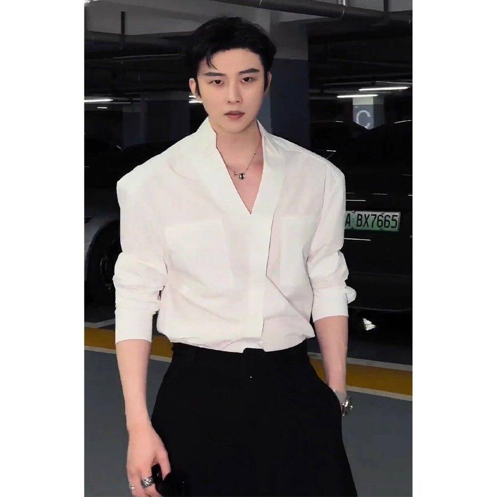 1506-1/C201931/P45白色V领设计感衬衫男长袖春秋衬衣男士,男装衬衫,星座1506-1
