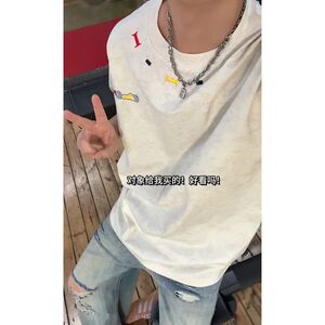 潮牌刺绣短袖T恤男夏季潮流痞帅宽松透气半袖上衣青少年百搭体恤图片