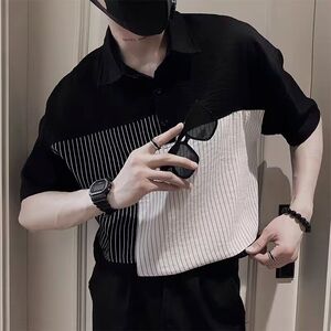 1506-1/CJB031/P41轻奢英伦ins痞帅拼接条纹短袖图片