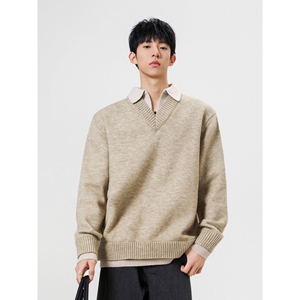 1506/MM051/P69冬季韩系复古假两件polo领针织衫宽松男女毛衣1图片