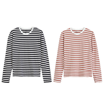 日式无印风长袖条纹T圆领纯棉女