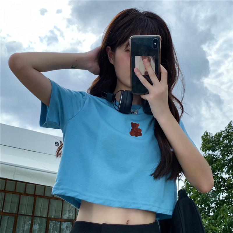Real shot bear short sleeve short T-shirt Korean version thin and versatile embroidered top