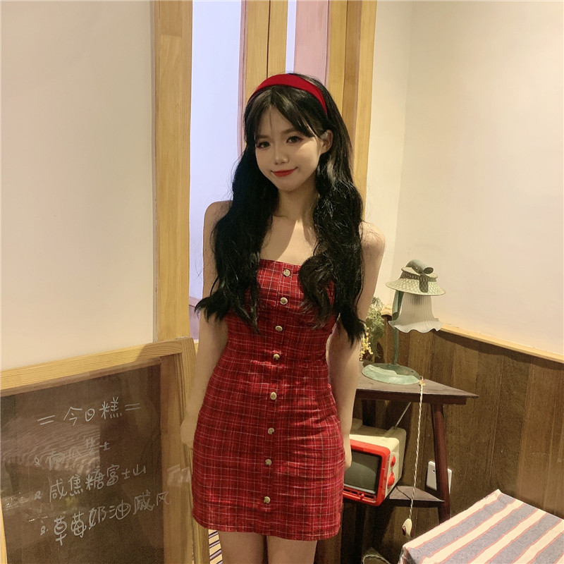 Real back lace up high waist Plaid Dress