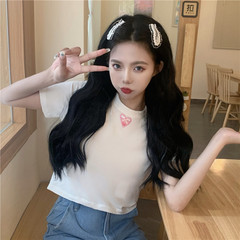 Real love embroidery short sleeve T-shirt women's short open navel top