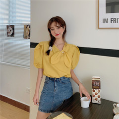 實拍 韓版甜美百搭珍珠圍巾領泡泡袖襯衫