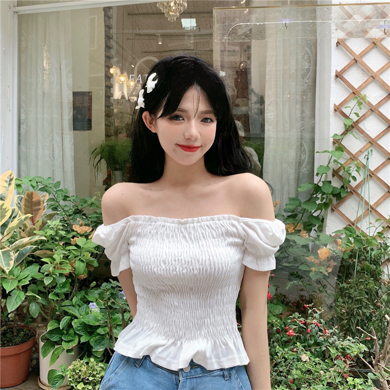 Real shot white square neck bubble sleeve French short blouse