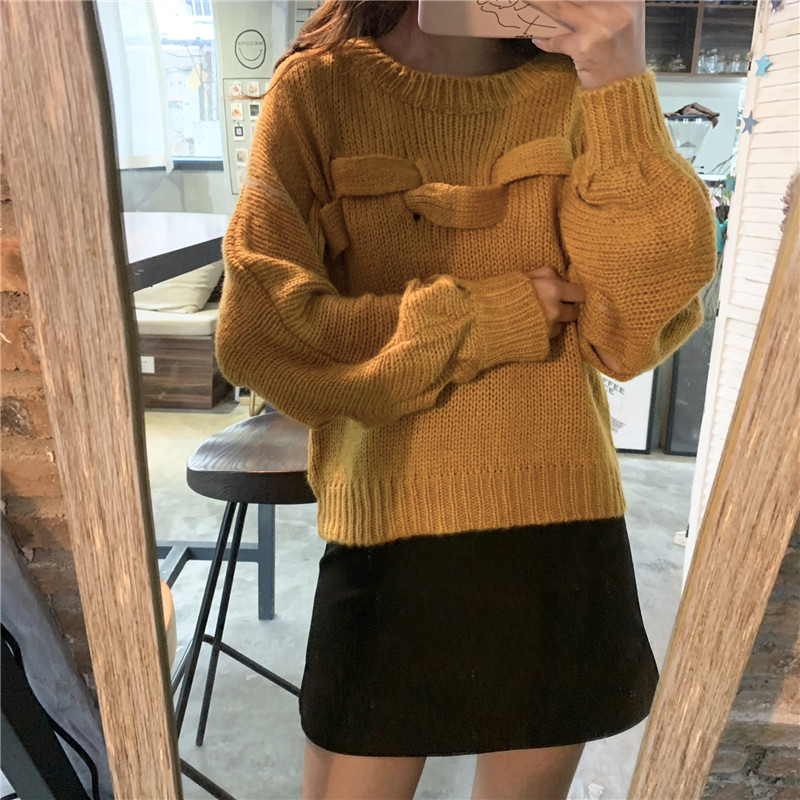 Real shooting autumn and winter Korean style hollow out twist color woven bubble sleeve sweater students