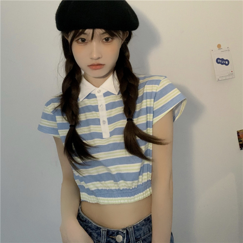 American Retro Blue Striped Polo neck short sleeve T-shirt women's jacket