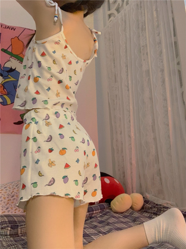 Real cute fruit print slim lace suspender High Waist Shorts two piece set