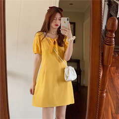 Real picture ginger tie bow tie slim French square collar bubble sleeve Platycodon skirt