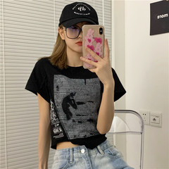 Real shot black spice girl short open navel t-shirt design feeling printed short sleeve top