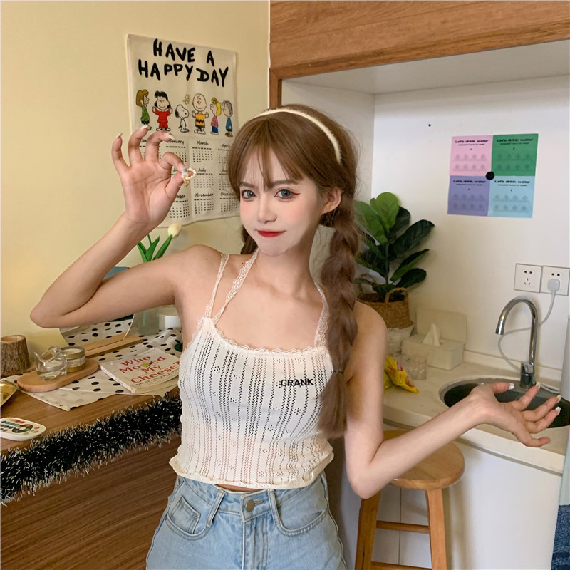 Real shot inside and outside wearing jacket short small sling hanging neck vest female