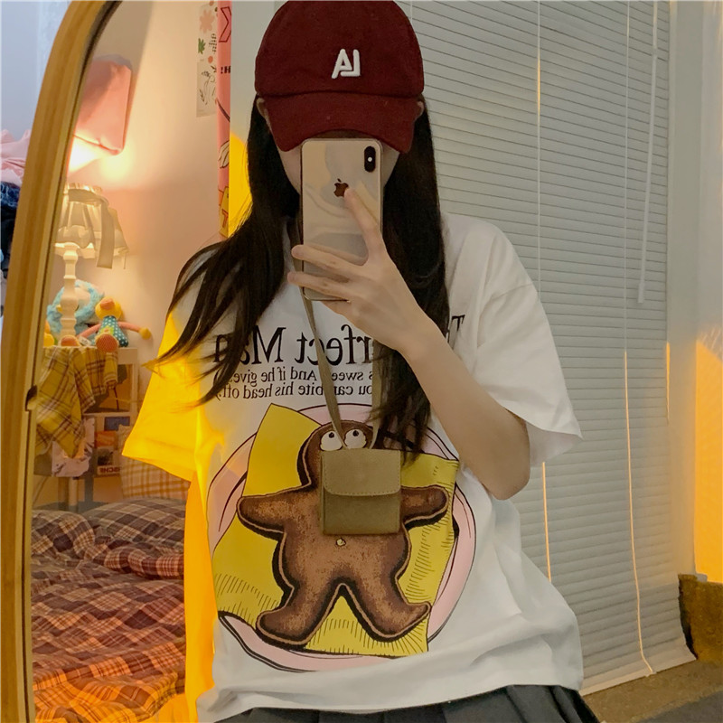 Real print t-shirt female summer loose white short sleeve girl's antique feeling