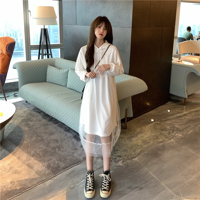 Real shot autumn and winter mesh hooded patchwork dress loose foreign style show thin Fairy Dress Dress