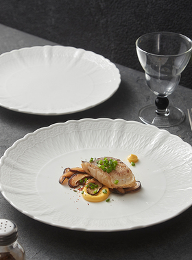 白色高级感花边盘子浅盘菜盘西餐盘轻奢陶瓷牛排盘酒店餐厅餐具