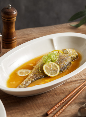 简约白色陶瓷椭圆形鱼盘家用蒸鱼盘轻奢大号烤盘高端椭圆酒店餐具