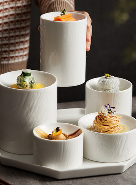 德化釉下彩中式白色高脚意境菜餐具融合菜美食冷凉菜盘酒店位上盘