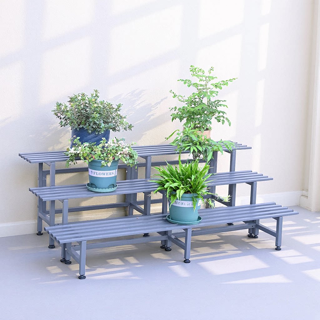 单层灰色阳台铁艺花架碳钢阶梯式高低组合大花盆架带轮户外盆景架