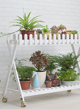 3Q生活馆白色带栅栏实木花架阳台多层带轮可移动木质落地花盆架子