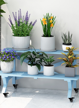 阶梯式二层复古蓝色实木花架阳台庭院户外防水防腐落地式花盆木架