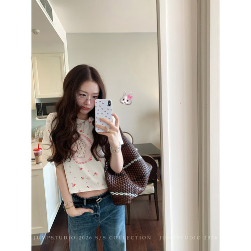 草莓跳 韩系甜美印花圆领短袖T恤女春夏复古减龄修身显瘦短款上衣