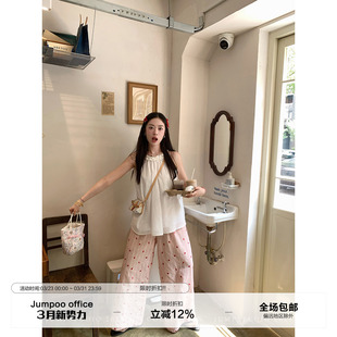 草莓跳 多巴胺水洗条纹刺绣爱心休闲裤女夏季慵懒风宽松阔腿裤子