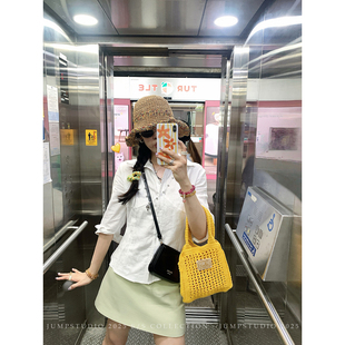 草莓跳 纯色亚麻八分袖防晒衬衫女夏季收腰显瘦衬衣透气百搭上衣