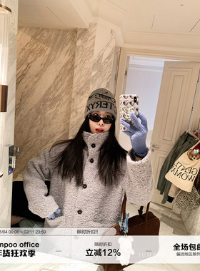 草莓跳 大口袋羊羔毛大衣外套女冬季中长款软糯休闲宽松毛毛外套