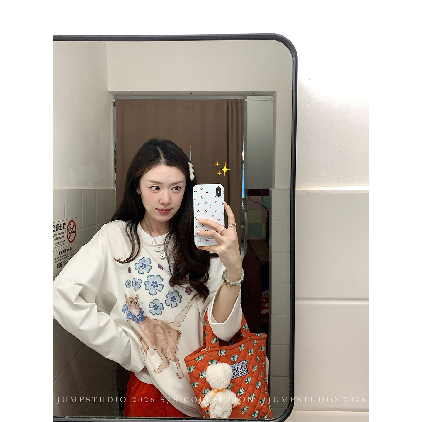 草莓跳 美式复古小猫印花长袖圆领T恤女春夏慵懒宽松显瘦休闲上衣